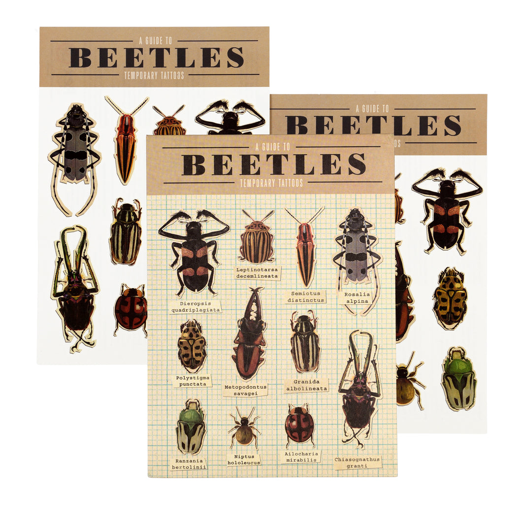 Two sheets of tattoos sit behind the beetles tattoo card packaging. 