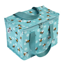 Load image into Gallery viewer, Blue lunch bag with black and yellow bees. Bag is rectangular and zips up at the top. It has two fabric handles.
