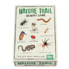 Load image into Gallery viewer,  The box lid shows more animals, insects, and spiders. Packaging reads &#39;nature trail, memory game, forty piece nature memory game.&#39; 
