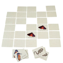 Load image into Gallery viewer, Cards laid out face down, with two butterfly cards face up. Below these are 2 stacks of pairs, one with a kingfisher, the other with an adder. 
