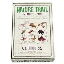 Load image into Gallery viewer, Reverse of packaging shows more game cards and reads &#39;Nature Trail memory game, 40 piece memory game.&#39;
