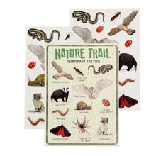 Load image into Gallery viewer, Packaging in front of two overlapping sheets of tattoos. Packaging reads &#39;Nature trail temporary tattoos&#39; and shows colourful illustrations of birds, insects, a snake, a spider and some mammals.
