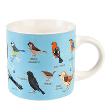 Load image into Gallery viewer, Light blue mug with white handle pointing towards right. 7 birds are visible on this side, and under each colourful illustration, the bird name is listed in capital letters. This side shows, blue tit, house sparrow, chaffinch, nuthatch, starling, wren, song thrush.
