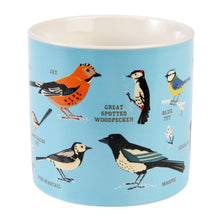 Load image into Gallery viewer, Blue mug with white interior. Photo shows opposite side of mug to handle. 5 birds are visible, Jay, great spotted woodpecker, blue tit, pied wagtail and magpie. 
