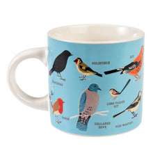 Load image into Gallery viewer, Light blue mug with white handle on the left. 7 illustrated birds are visible with their names below &#39;blackbird, goldfinch, jay, robin, collared dove, long tailed tit, pied wagtail.&#39;
