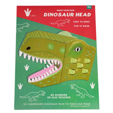 Load image into Gallery viewer, Packaging shows dinosaur head. Packaging reads &#39;make your own dinosaur head, easy to make, fun to wear. no scissors or glue required. 3D cardboard dinosaur mask to make and wear.&#39; 
