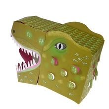 Load image into Gallery viewer, Fully assembled mask shows side and back of dinosaur head. Both sides are green with flaps. 
