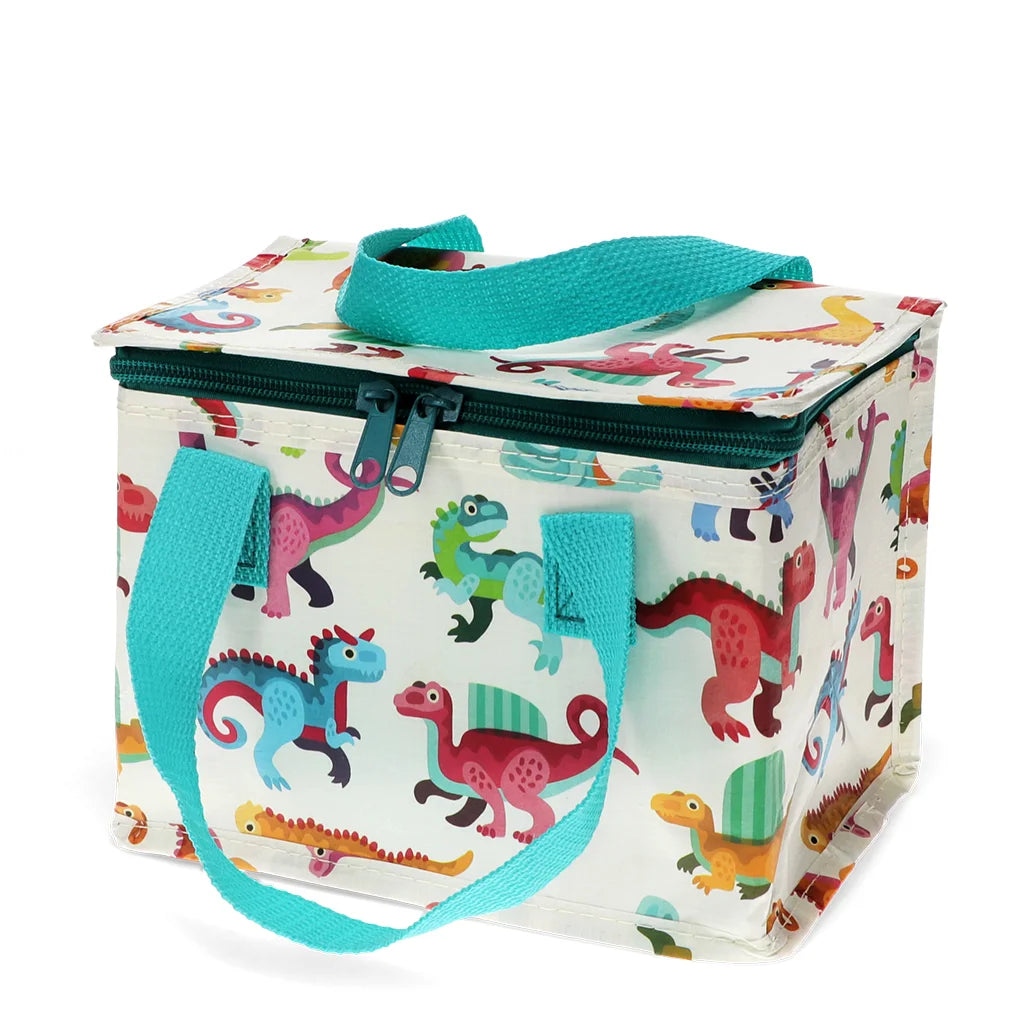 White lunch bag with colourful dinosaurs and blue handles.