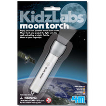Load image into Gallery viewer, Packaging is blue with image of a satellite floating above Earth. Moon torch sits behind a plastic sleeve. Packaging reads &#39;KidzLabs moon torch. enjoy your own portable moon! Turn on the moon torch and project the light onto the wall &amp; ceiling at night. Put the moon at your fingertips.&#39; 
