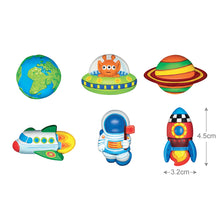 Load image into Gallery viewer, Figurines feature planet Earth, an alien in a UFO, a ringed planet, a space shuttle, an astronaut and a rocket. 
