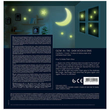Load image into Gallery viewer, Reverse of packaging shows illustration of room with moon and stars. Explanation below of how to make the stars glow. 
