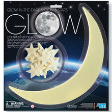 Load image into Gallery viewer, Illustrated cardboard packaging with plastic window holding glowing moon and stars. Packaging shows illustration of the moon and the Earth. Packaging main text reads &#39;Glow-in-the-dark moon &amp; stars, GLOW, contains 1 moon and 12 stars&#39;.
