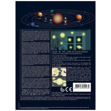 Load image into Gallery viewer, Reverse of packaging shows image of planets on the walls of a room and instructions on how to make the planets glow. 
