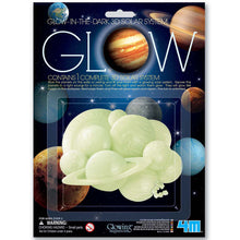 Load image into Gallery viewer, Product packaging is illustrated card with plastic window holding glow in the dark planets. Packaging illustration shows planets. Packaging main print reads &#39;glow in the dark 3d Solar system, GLOW, contains 1 complete 3D solar system&quot;.
