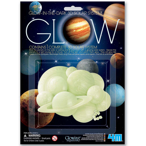 Product packaging is illustrated card with plastic window holding glow in the dark planets. Packaging illustration shows planets. Packaging main print reads 'glow in the dark 3d Solar system, GLOW, contains 1 complete 3D solar system