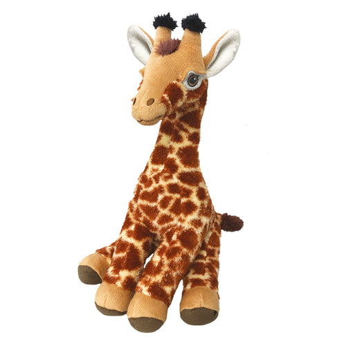 Giraffe soft toy sits on it's haunches. Eyes are embroidered on.
