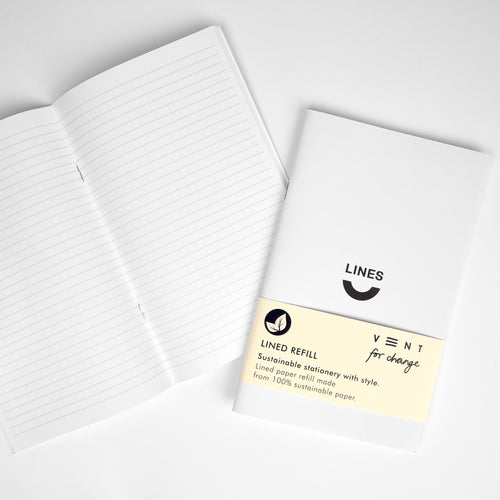 One closed refill pack on top of an open lined notebook. Close notebook has paper band around reading 'lined refill'.