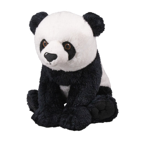 Black and white giant panda soft toy sits on its haunches with all legs in front. It's brown eyes are embroidered. 