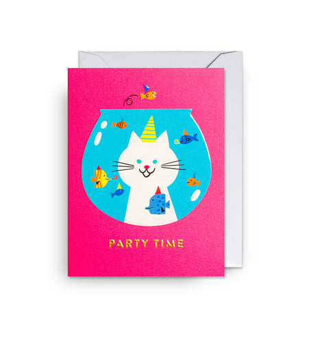 Pink card with cat inside fish bowl surrounded by fish. Card reads 'party time'. 