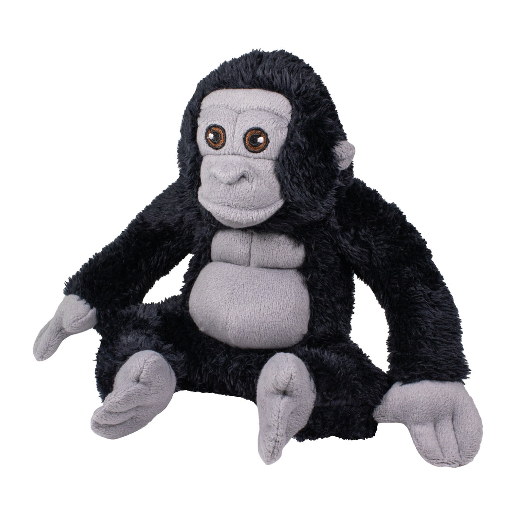 Gorilla sits down with it's back legs in front of it. It's arms are held out to either side. Gorilla's back, legs, arms and head are all black furry fabric, while the hands, feet, stomach, chest, face and ears are grey fabric. Eyes are brown.