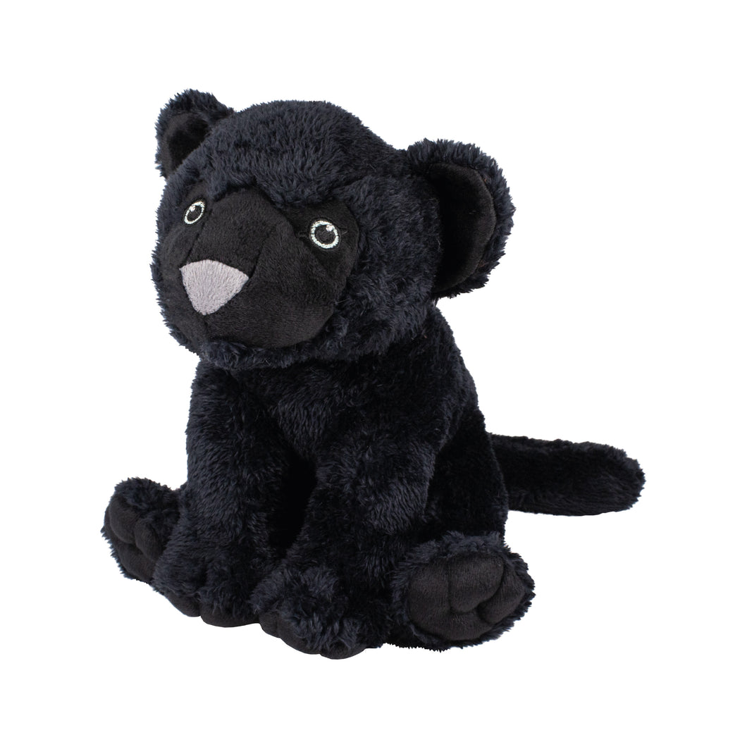 Black panther toy sits on it's haunches. Fur on the body is different texture to the face, inner ears and base of the paws, but the entire panther is black.