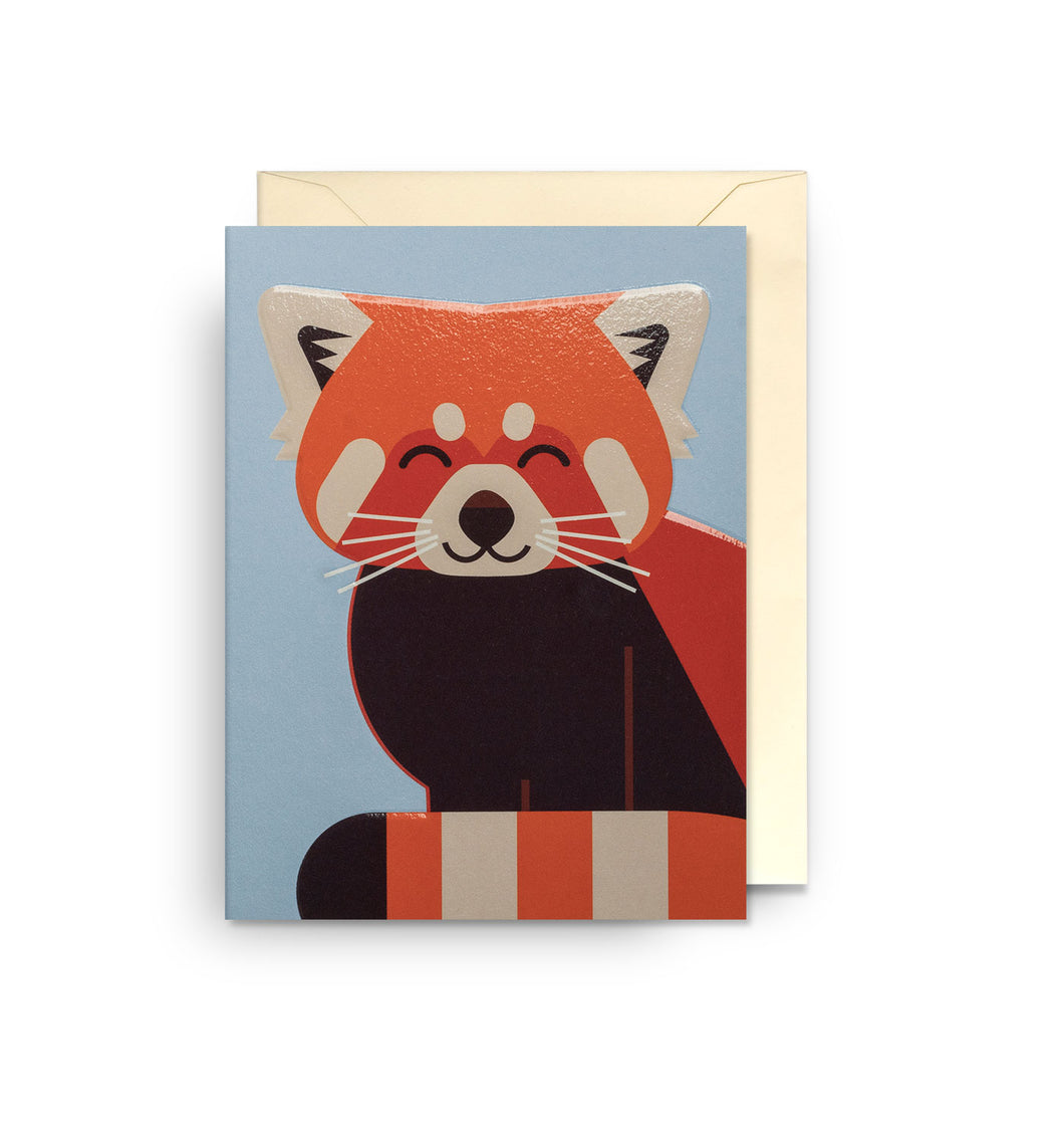 blue card with red panda illustration, off white envelope. 