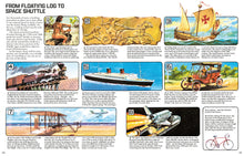 Load image into Gallery viewer, Inside spread pages 68 and 69 titled &#39;from floating log into space shuttle&#39; shows a timeline of transport.
