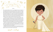 Load image into Gallery viewer, Inside spread, page 56-57. Page 56 is a 4 paragraph biography on Shirley Bassey. Under her name is the year of birth and &#39;singer&#39;. On the right is a colour illustatration of a Black woman standing in front of a yellow curtain, wearing a glittery off white dress and holding a microphone. Shirley&#39;s eyes are closed. 
