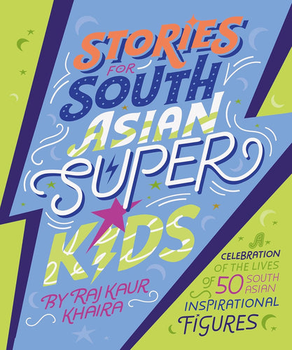 Book cover has green background with large blue lightning bolt. Title in different colours and fonts. 