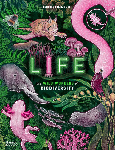 Book cover with green plants and pink animals. 