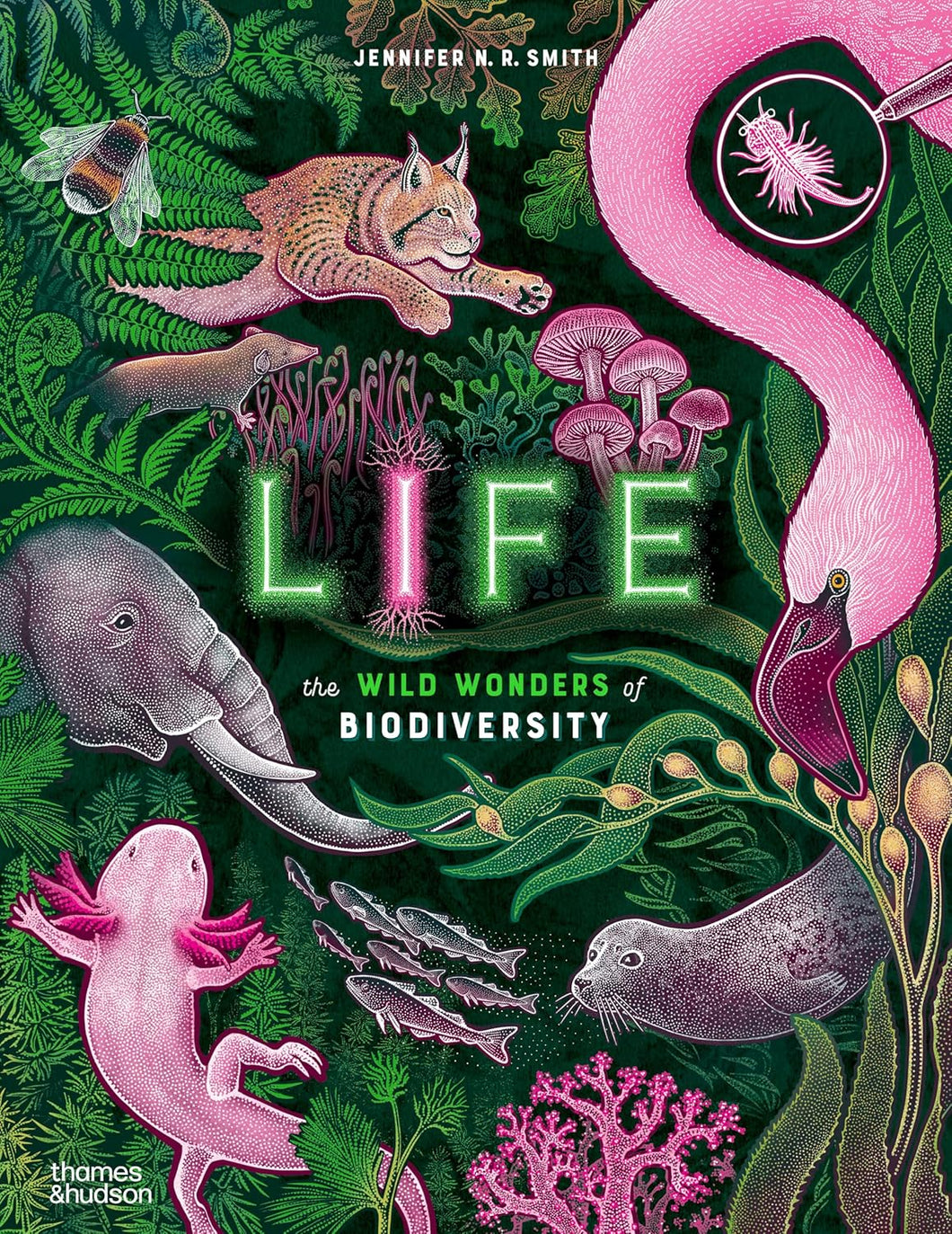 Book cover with green plants and pink animals. 