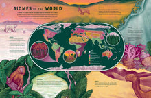 Load image into Gallery viewer, Pages 10 and 11 titled &#39;biomes of the world&#39; with illustrations of biomes and a world map. 
