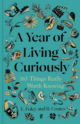 Light blue book cover with small illustrations of various items like a heart, a fish, tea cup, game controller, and others. 