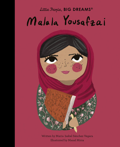 Pink book cover with Malala holding book and pencil. 