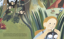 Load image into Gallery viewer, Inside spread shows Jane Goodall (white woman with blonde hair) in the bottom right looking through binoculars. In the top left are 3 chimpanzees looking at her. In the top right are chairs around a campfire in front of a tent. The words on the page say that Jane is in Gombe, Tanzania. 
