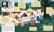 Load image into Gallery viewer, Inside spread, pages 9 and 10 about &#39;Nanny&#39; in Jamaica. Illustrations show people in front of huts standing on a hill. 
