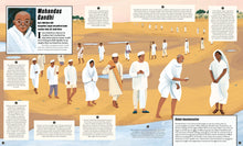 Load image into Gallery viewer, Inside spread pages 40 and 41 about &#39;Mohandas Gandhi&#39; and shows people walking through a desert. 
