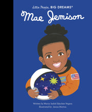 Load image into Gallery viewer, Book cover is dark blue with an illustration of Mae Jemison in a space suit, holding a helmet. 
