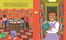 Load image into Gallery viewer, Inside spread shows Mae Jemison reading a book in the library. 
