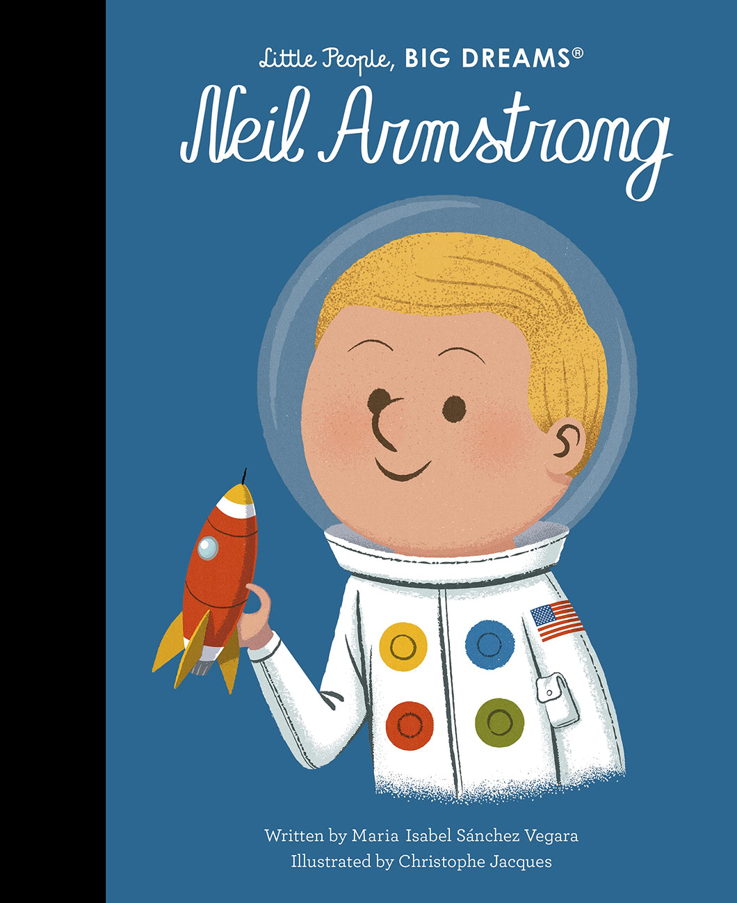 Blue book cover shows blond light-skinned child in a space suit holding a rocket. 