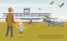 Load image into Gallery viewer, Inside spread shows Neil as a child with his father at air races. Biplanes fly overhead and parked on the ground in front of a large building. 
