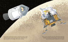 Load image into Gallery viewer, Inside spread shows spacecraft with one man inside and lunar module with two men inside as they float above the moon. 
