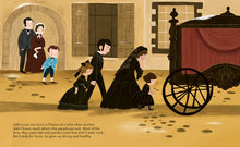 Load image into Gallery viewer, Inside spread shows a group of people dressed in black following a hearse style carriage while Louis and his family look on. 
