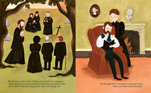 Load image into Gallery viewer, Inside spread shows people gathered around a grave on the left and on the right Louis as an adult reading a book with a woman standing beside him. 
