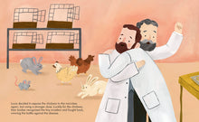 Load image into Gallery viewer, Inside spread shows two light-skinned men in lab coats hugging. Chickens, rabbits and a mouse in the background. 
