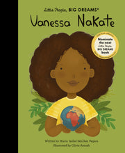 Load image into Gallery viewer, Green book cover shows woman with medium skin tone holding the Earth, with Africa facing the reader. A round sticker icon reads &#39;100th book celebration. nominate the next little people big dreams book, details littlepeoplebigdreams.com&#39;
