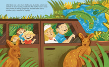 Load image into Gallery viewer, inside spread shows a white family in a car traveling through nature with kangaroos and crocodiles outside. 
