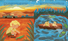 Load image into Gallery viewer, Inside spread shows Steve reaching for a lizard in the outback on the left and in a boat surrounded by crocodiles with his dad on the right. 
