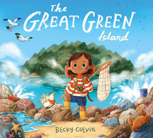 Book cover shows illustration of girl holding fishing net standing on a beach with an island behind. 
