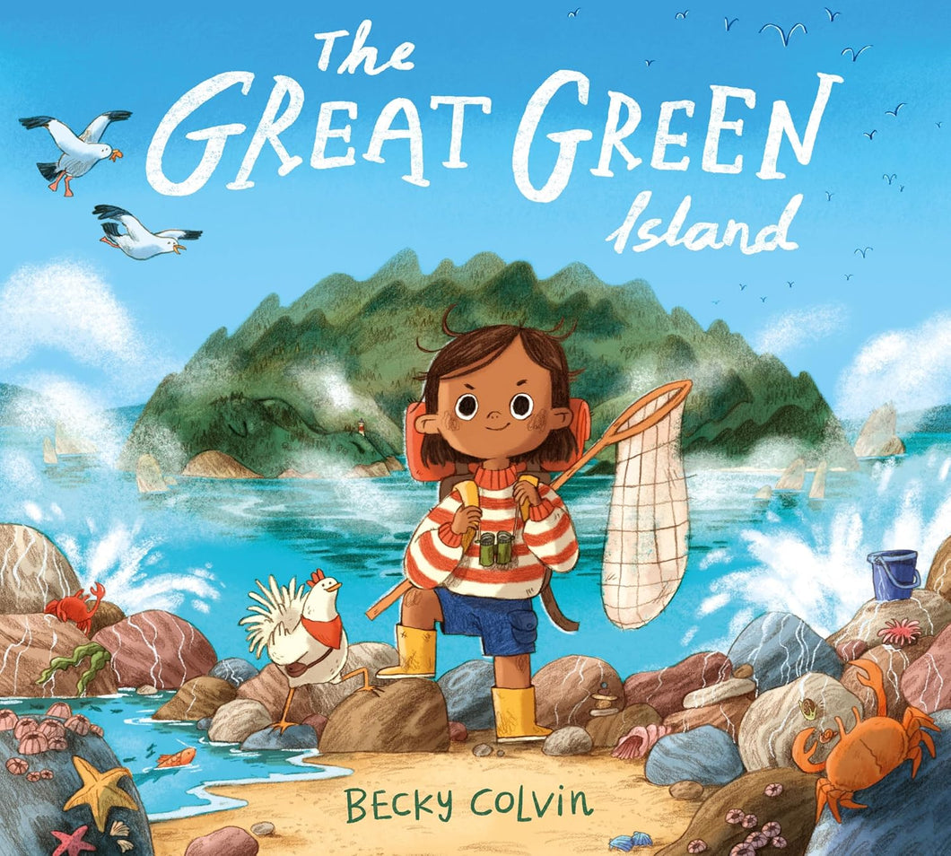 Book cover shows illustration of girl holding fishing net standing on a beach with an island behind. 
